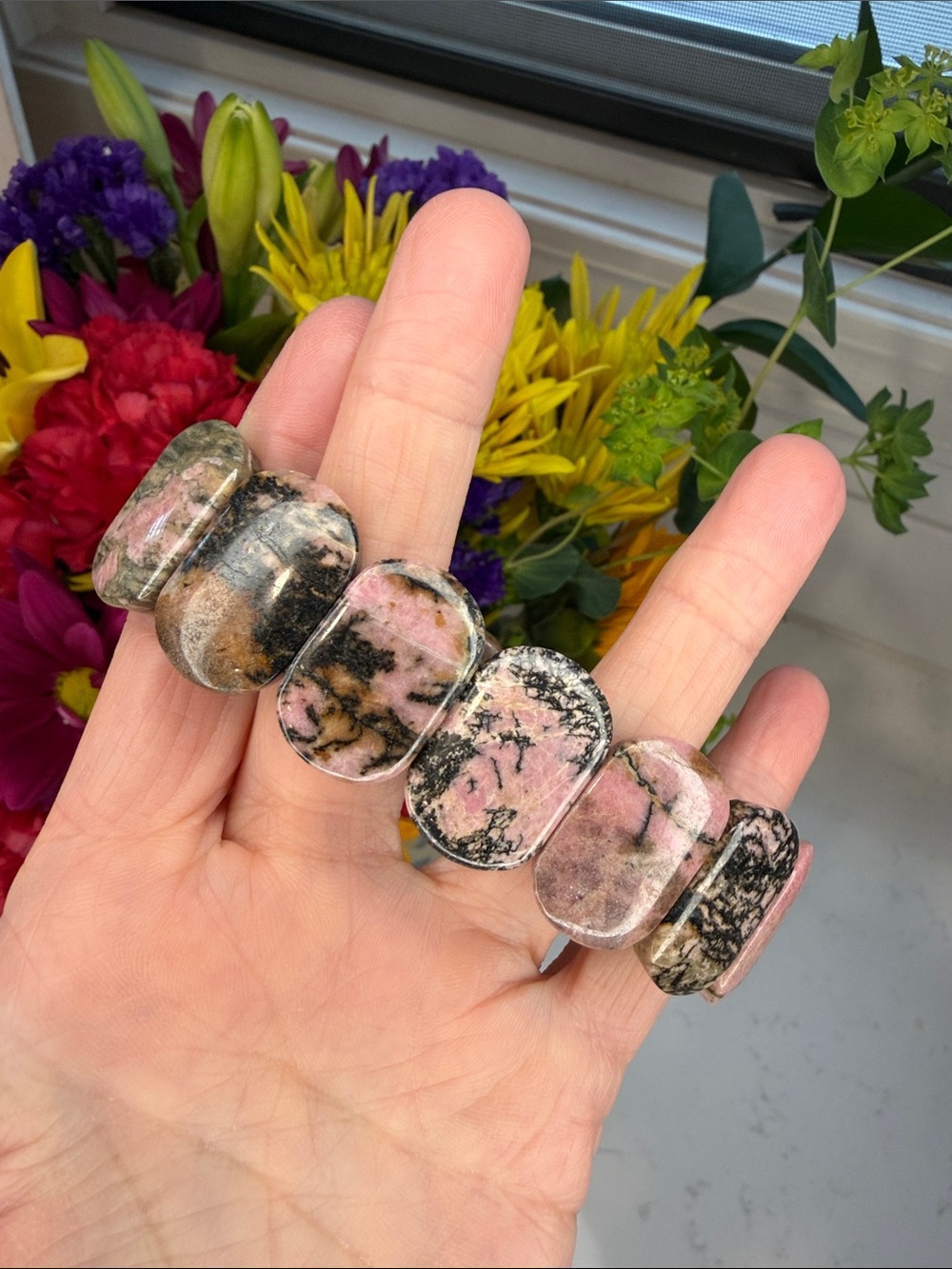 RHODONITE • Pink & Black Natural Stone Statement Bracelet • B1361